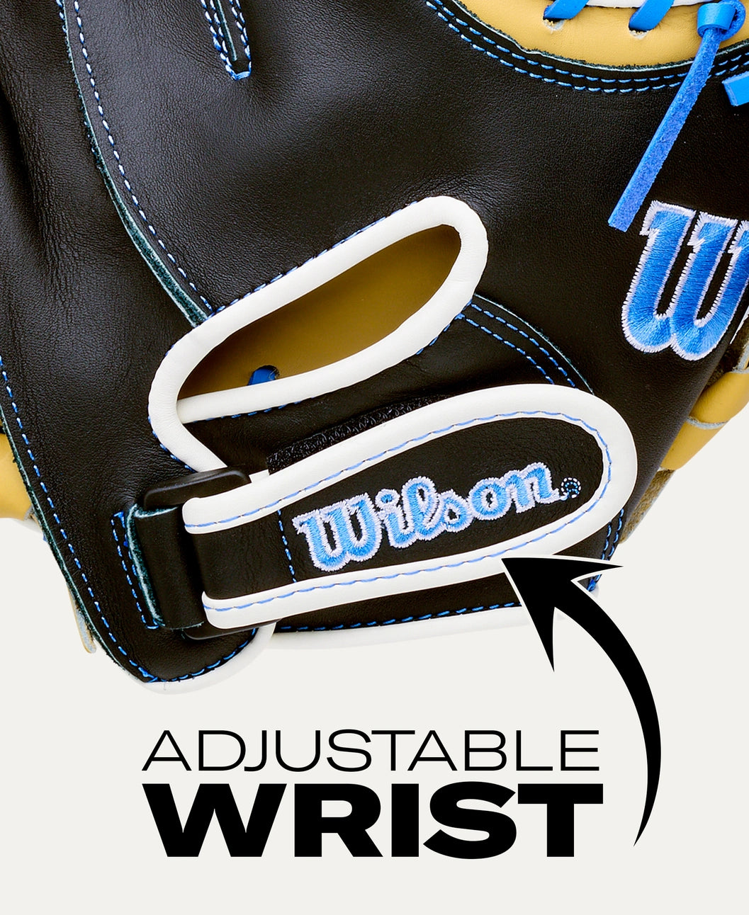 Close-up of a Wilson A500 32″ Baseball Catcher’s Mitt: WBG08901RT32 featuring an adjustable wrist strap with a black arrow pointing toward it, labeled with the text ADJUSTABLE WRIST.