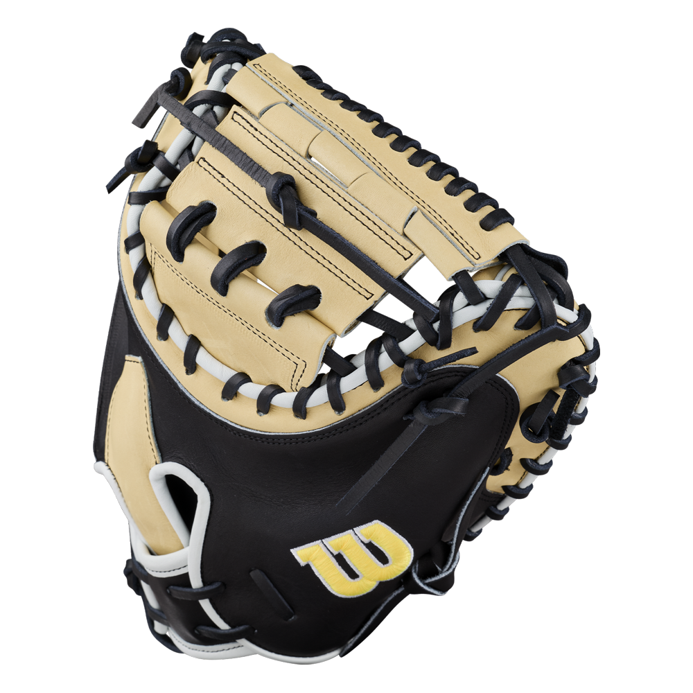 Experience premium performance with the Wilson A2K 1734 34″ Baseball Catcher’s Mitt (WBG10701RT34). This tan and black catcher’s mitt features distinctive white and black lacing, a yellow Wilson “W” logo on the thumb area, and is designed with Double Palm Construction for outstanding durability and support behind the plate.