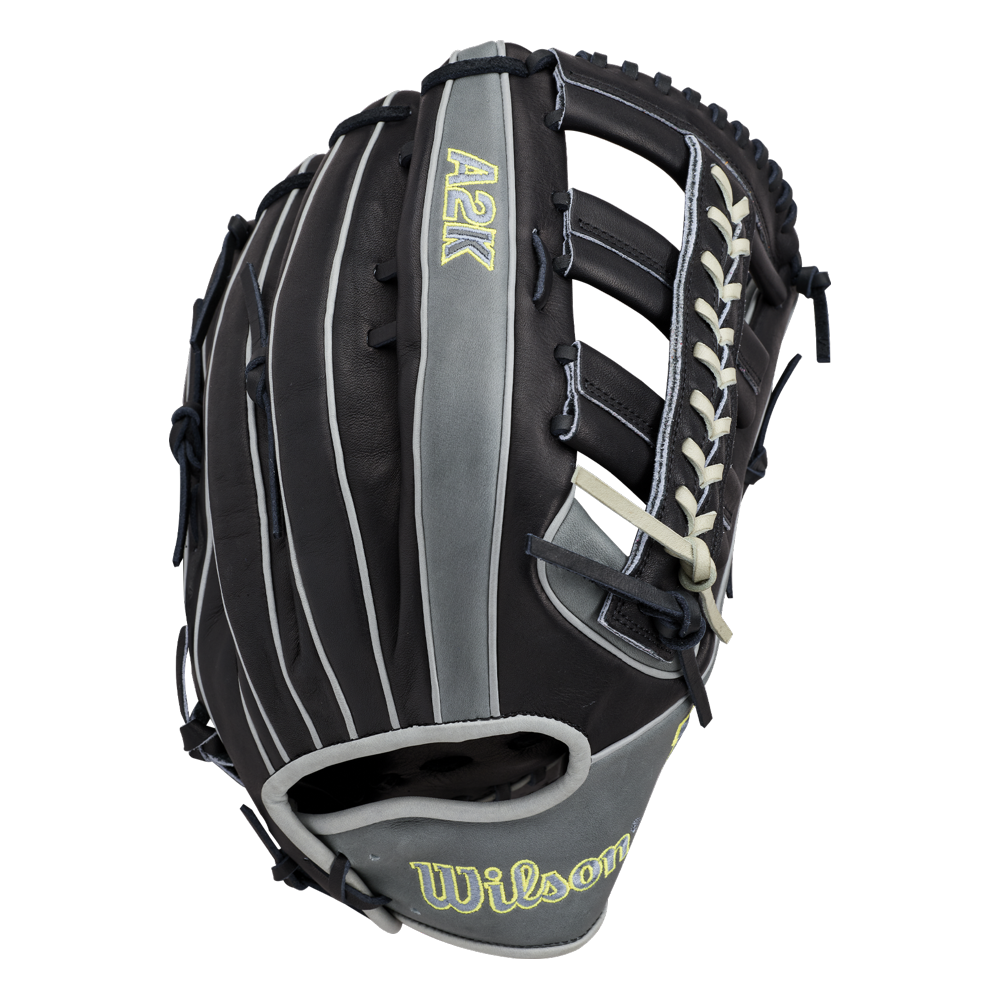 The Wilson A2K 1810 12.75″ Baseball Glove (WBG10802RT1275) by Wilson features a striking black and gray design with white laces, crafted from premium Pro Stock Select leather and highlighting detailed webbing and stitching—making it the perfect outfielders glove for dedicated players.