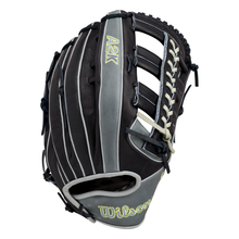The Wilson A2K 1810 12.75″ Baseball Glove (WBG10802RT1275) by Wilson features a striking black and gray design with white laces, crafted from premium Pro Stock Select leather and highlighting detailed webbing and stitching—making it the perfect outfielders glove for dedicated players.