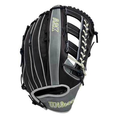 The Wilson A2K 1810 12.75″ Baseball Glove (WBG10802RT1275) by Wilson features a striking black and gray design with white laces, crafted from premium Pro Stock Select leather and highlighting detailed webbing and stitching—making it the perfect outfielders glove for dedicated players.