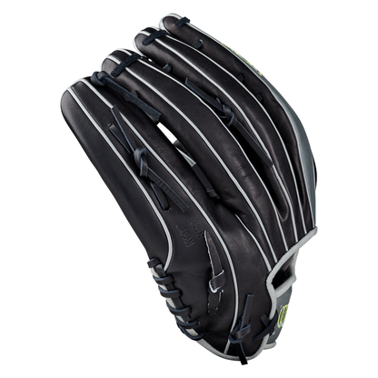 A Wilson A2K 1810 12.75″ Baseball Glove (WBG10802RT1275) by Wilson, featuring a black and gray design with white stitching, is made from Pro Stock Select leather and is shown in an angled photo highlighting the webbing and fingers.