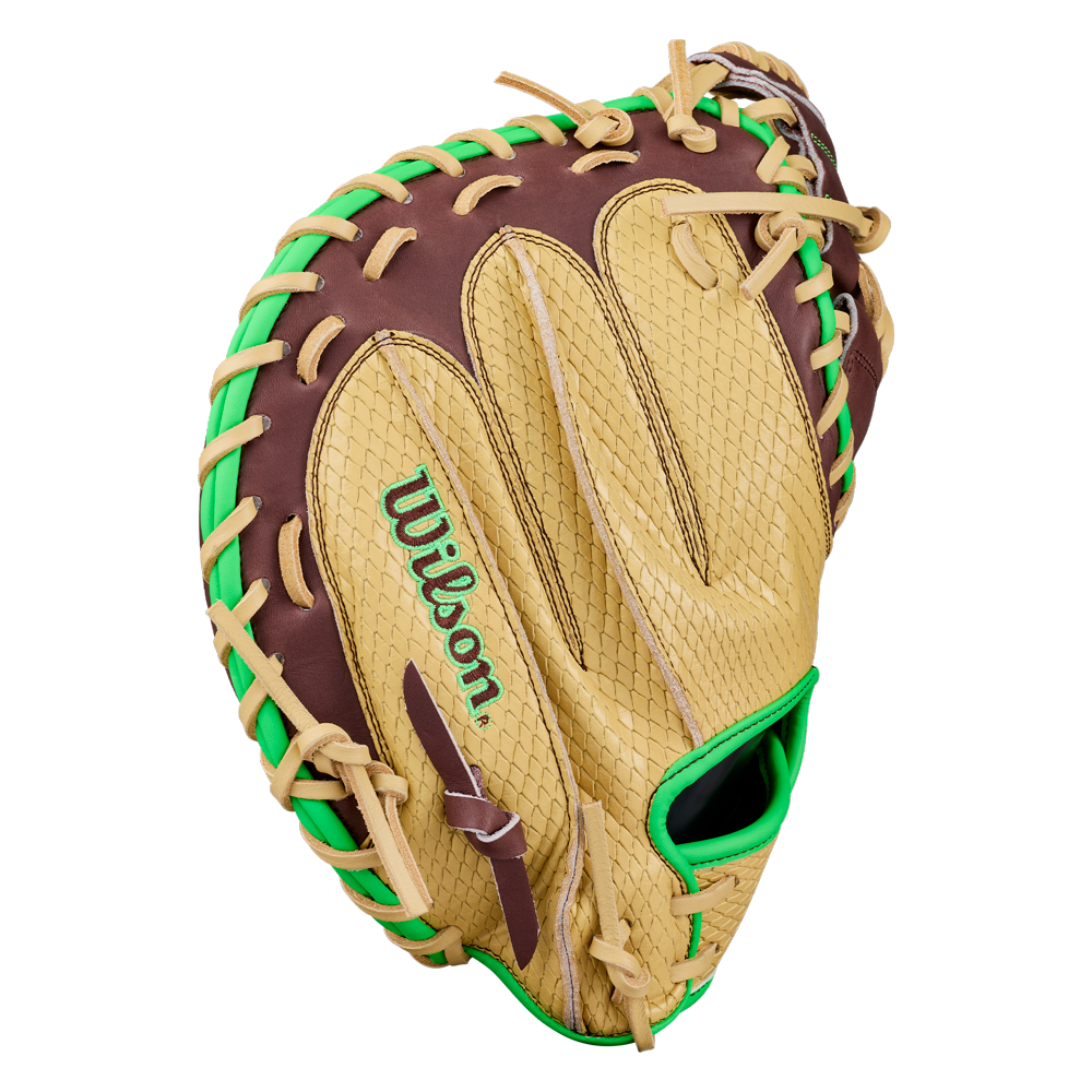 A tan and brown Wilson A1000 CM33 DUBAI 33″ Baseball Catcher’s Mitt (WBG25101RT33) by Wilson, featuring green accents and laces, is shown from the top with its fingers and stitching visible.
