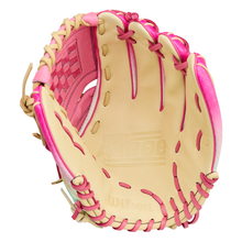 A Wilson A1000 P12 SUNSET 12″ Fastpitch Glove (WBG25201RT12) in tan and pink, featuring visible stitching and an open pocket, is shown facing palm up.