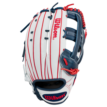 The Wilson A1000 1922 ROCKET 13″ Slowpitch Glove (WBG25401RT13) features a striking white design with red pinstripes, blue lacing, and red accents, all crafted from premium full grain leather. The iconic Wilson brand name is stitched in red on the glove, making it a standout choice for slowpitch softball players seeking both style and performance.