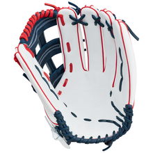 A Wilson A1000 1922 ROCKET 13″ Slowpitch Glove (WBG25401RT13) in white full grain leather with red and navy blue laces, shown from the palm side. The interior displays visible stitching and detailed craftsmanship, characteristic of Wilson’s high-quality slowpitch softball gloves.