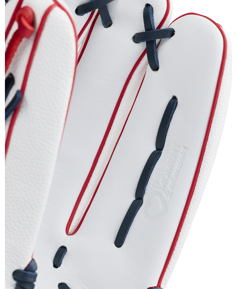 Close-up of a white Wilson A1000 1922 ROCKET 13″ Slowpitch Glove (WBG25401RT13) with red stitching and blue laces, crafted from premium full grain leather and featuring embossed Wilson branding on the inner palm area.