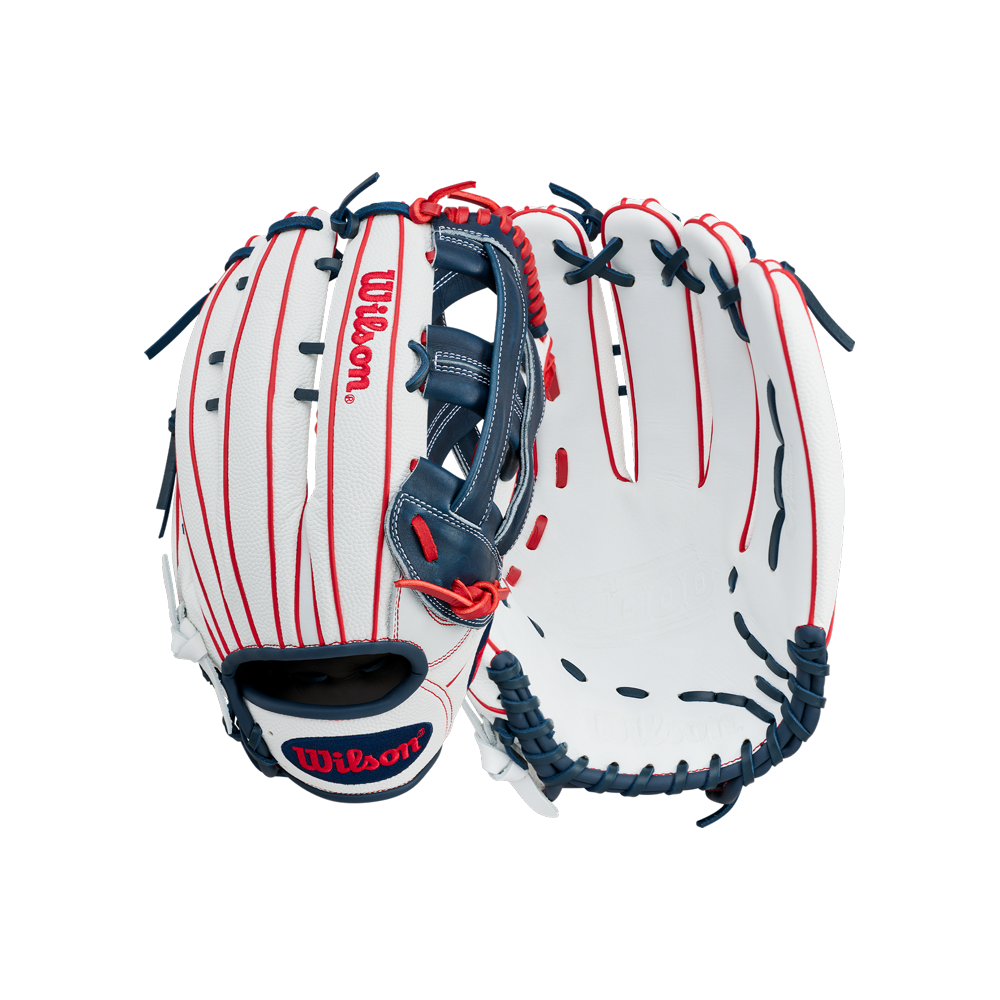 The Wilson A1000 1922 ROCKET 13″ Slowpitch Glove (WBG25401RT13) by Wilson, featuring a white design with red stitching, blue laces, navy blue webbing, and crafted from premium full grain leather, is displayed from both the front and back against a white background.