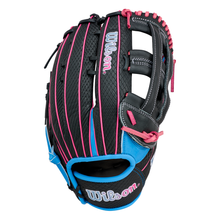 The Wilson A1000 1922 TUBBS 13″ Slowpitch Glove (WBG25501RT13) by Wilson is displayed on a white background, featuring a black full grain leather design accented with blue trim and pink laces. This glove blends eye-catching colors with expert craftsmanship, making it an ideal choice for players aiming to stand out on the field.