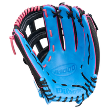 The Wilson A1000 1922 TUBBS 13″ Slowpitch Glove (WBG25501RT13) by Wilson features bright blue full-grain leather, black webbing and accents, and pink lacing, all designed to deliver exceptional fielding performance.