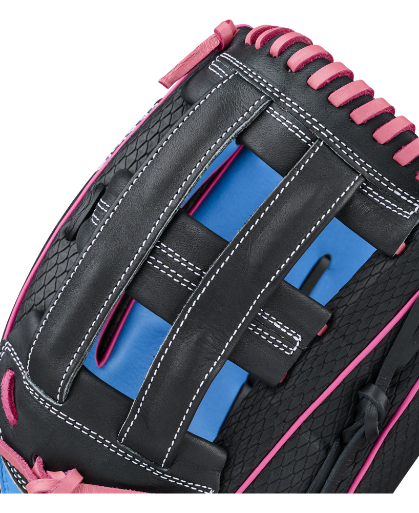 Close-up of the Wilson A1000 1922 TUBBS 13″ Slowpitch Glove (WBG25501RT13) by Wilson, featuring a black full grain leather construction with pink laces, white stitching, a blue inner lining, basket-style web pattern, and textured black sections.