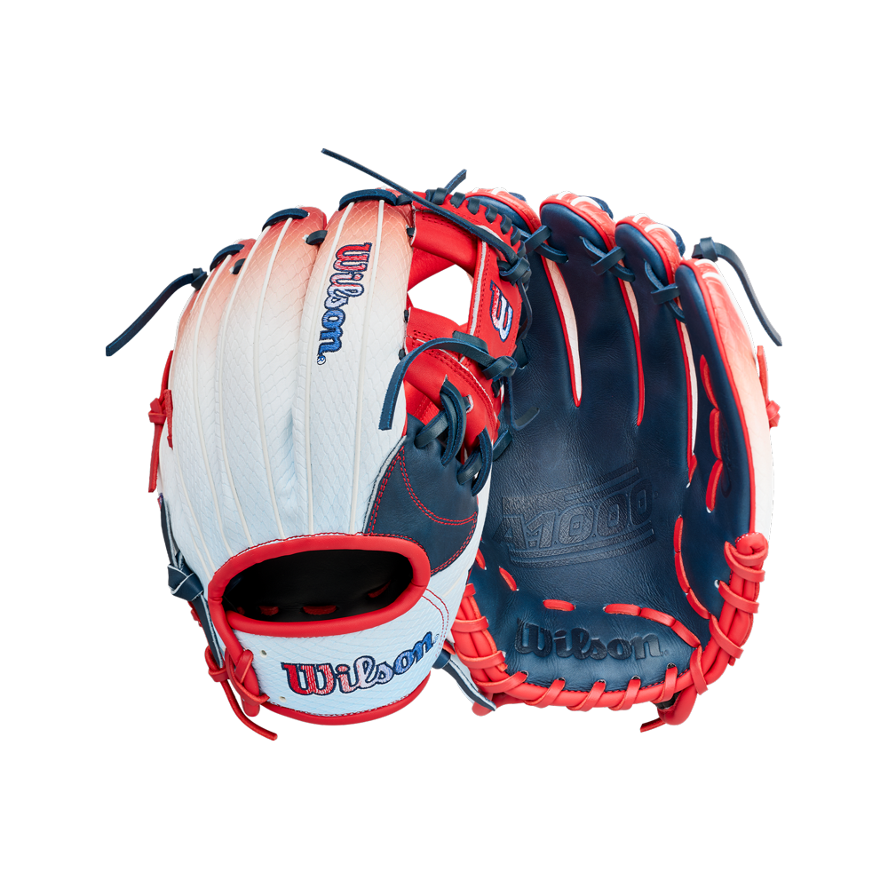 Two Wilson A1000 1787 FREEBIRD 2.0 11.75″ Baseball Gloves (WBG26501RT1175) by Wilson, featuring a red, white, and blue color scheme—one showcasing the palm side in high-quality Full Grain leather and the other highlighting the back with bold Wilson branding visible on both infield gloves.