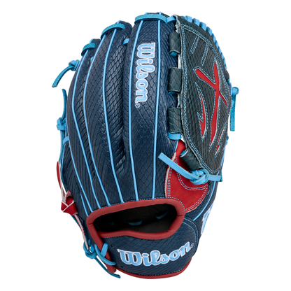 The Wilson A1000 B23 GENO 12″ Baseball Glove (WBG26601RT12) by Wilson features a striking blue and black design with red and light blue accents, the signature Wilson logo, and detailed stitching—making it an ideal pitcher’s glove that excels in both style and performance.