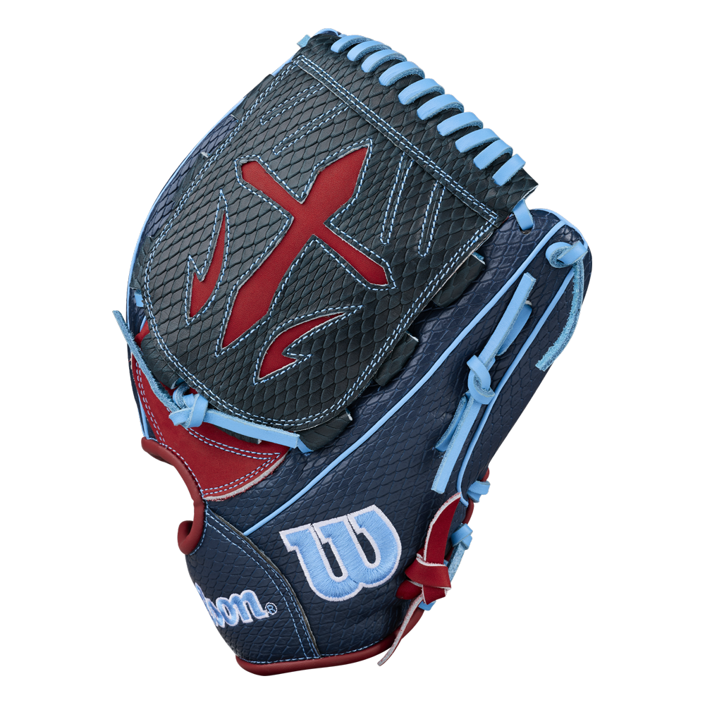 The Wilson A1000 B23 GENO 12″ Baseball Glove (WBG26601RT12) features a striking blue and black design with red and light blue accents, including a distinctive cross-style red pattern on the webbing and a prominent white W logo on the side—making it an excellent choice for pitchers who prioritize both style and performance.