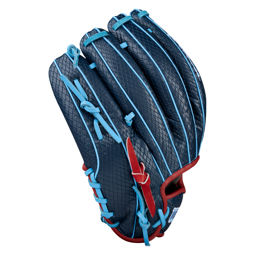 A Wilson A1000 B23 GENO 12″ baseball glove (WBG26601RT12) by Wilson in dark blue with light blue laces and red accents, displayed on a white background.