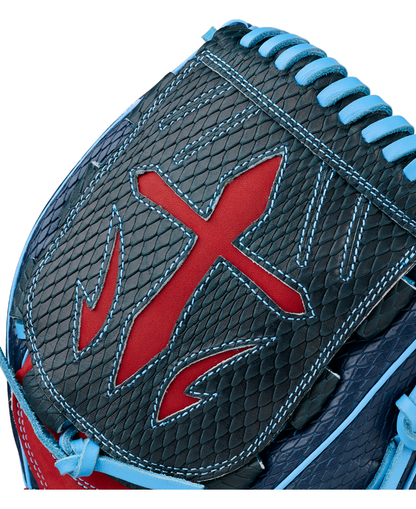 A close-up of the Wilson A1000 B23 GENO 12″ Baseball Glove (WBG26601RT12) by Wilson highlights its black, scale-like texture, red accents, blue laces and stitching, and distinctive red cross-shaped design on the pocket. This premium pitcher’s glove combines eye-catching style with top-notch performance for serious players on the field.