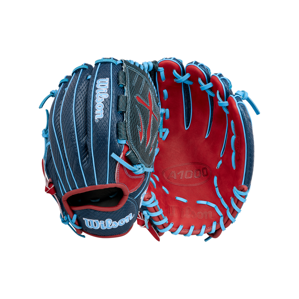 Two Wilson baseball gloves are featured, including the Wilson A1000 B23 GENO 12″ Baseball Glove (WBG26601RT12), which showcases a striking red palm embossed with the Wilson A1000 logo, while another highlights its distinctive blue-and-red back with light blue laces and classic Wilson branding.