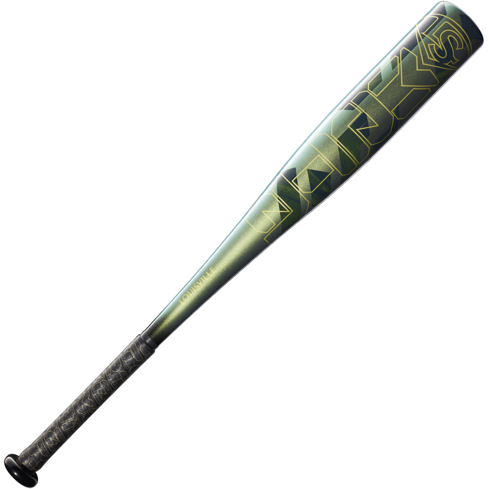 The 2023 Louisville Slugger Meta (-13) 2 5/8" USA T-Ball Bat (WBL2667010) features a metallic green barrel, bold VANISH lettering, black grip handle, and is inspired by the popular Louisville Slugger Meta design.