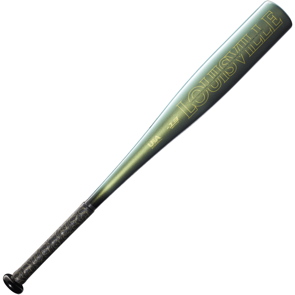 The 2023 Louisville Slugger Meta (-13) USA T-Ball Bat (WBL2667010) features a metallic green composite design with gold lettering and a black grip, shown against a light gray background.