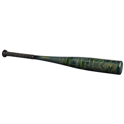 The 2023 Louisville Slugger Meta (-13) 2 5/8" USA T-Ball Baseball Bat (WBL2667010) features a dark green composite build, yellow geometric accents, and a textured black grip, displayed on a plain white background.