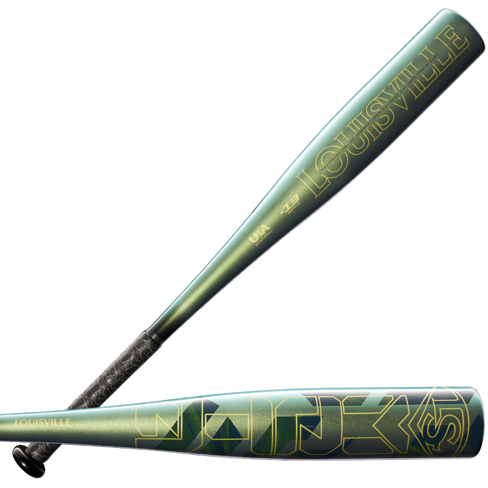 Two metallic green 2023 Louisville Slugger Meta (-13) USA T-Ball bats are shown, one upright and one horizontal, both with bold gold lettering, geometric patterns, and an advanced composite barrel design.