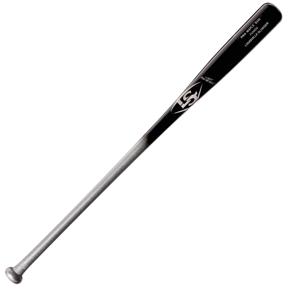 A black and silver Louisville Slugger Maple S345 Fungo 35″ Wood Training Bat (WBL270801035), designed as the ideal coach training bat, is lying on a white background.