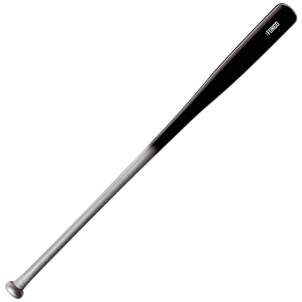 The Louisville Slugger Maple S345 Fungo 35″ Wood Training Bat (WBL270801035) features a black barrel and a silver handle, showcased on a white background, embodying the precision and style synonymous with Louisville Slugger training bats.