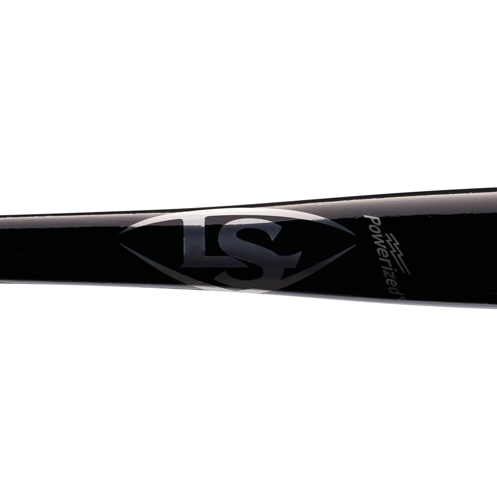 Close-up of a black Louisville Slugger Maple S345 Fungo 35″ Wood Training Bat (WBL270801035), featuring a large silver LS logo and the word Powerized printed on it, designed as an ideal training bat for coaches during practice sessions.