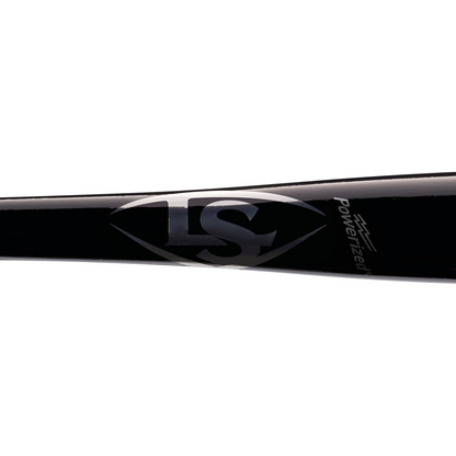 Close-up of a black Louisville Slugger Maple S345 Fungo 35″ Wood Training Bat (WBL270801035), featuring a large silver LS logo and the word Powerized printed on it, designed as an ideal training bat for coaches during practice sessions.