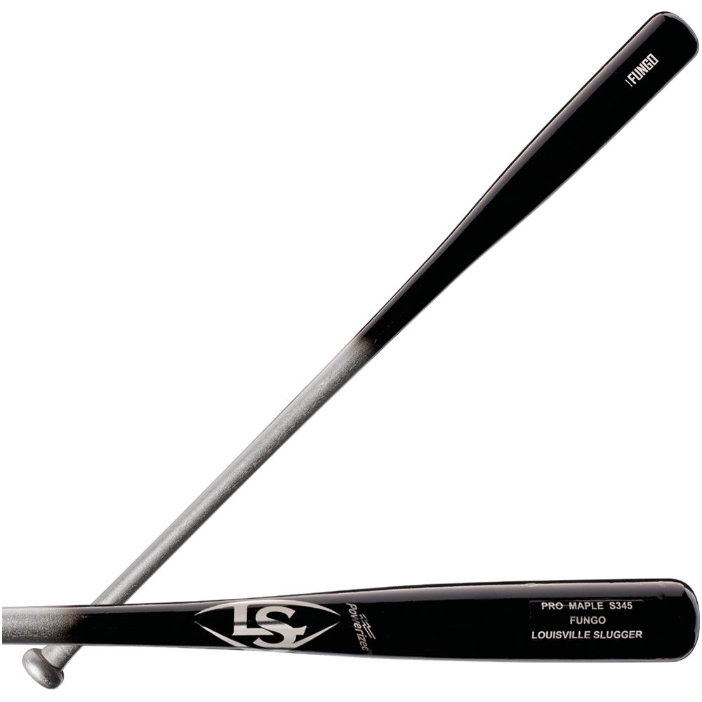 A black and gray Louisville Slugger Maple S345 Fungo 35″ Wood Training Bat (WBL270801035) is crossed with a silver maple fungo training bat on a white background.