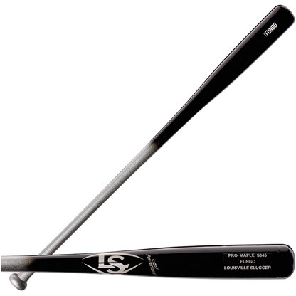 A black and gray Louisville Slugger Maple S345 Fungo 35″ Wood Training Bat (WBL270801035) is crossed with a silver maple fungo training bat on a white background.