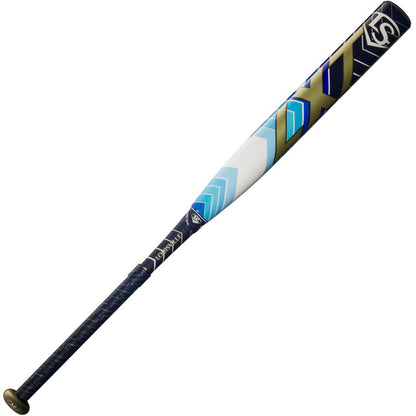 2024 Louisville Slugger LXT (-11) Fastpitch Softball Bat: WBL2811010 (USED) with a dark blue handle, a barrel featuring a blue, gold, and white geometric design, and a gold knob.
