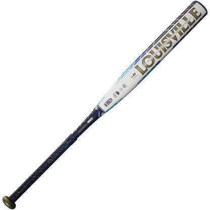 White and navy blue 2024 Louisville Slugger LXT (-11) Fastpitch Softball Bat: WBL2811010 (USED) with gold lettering on the speed composite barrel.