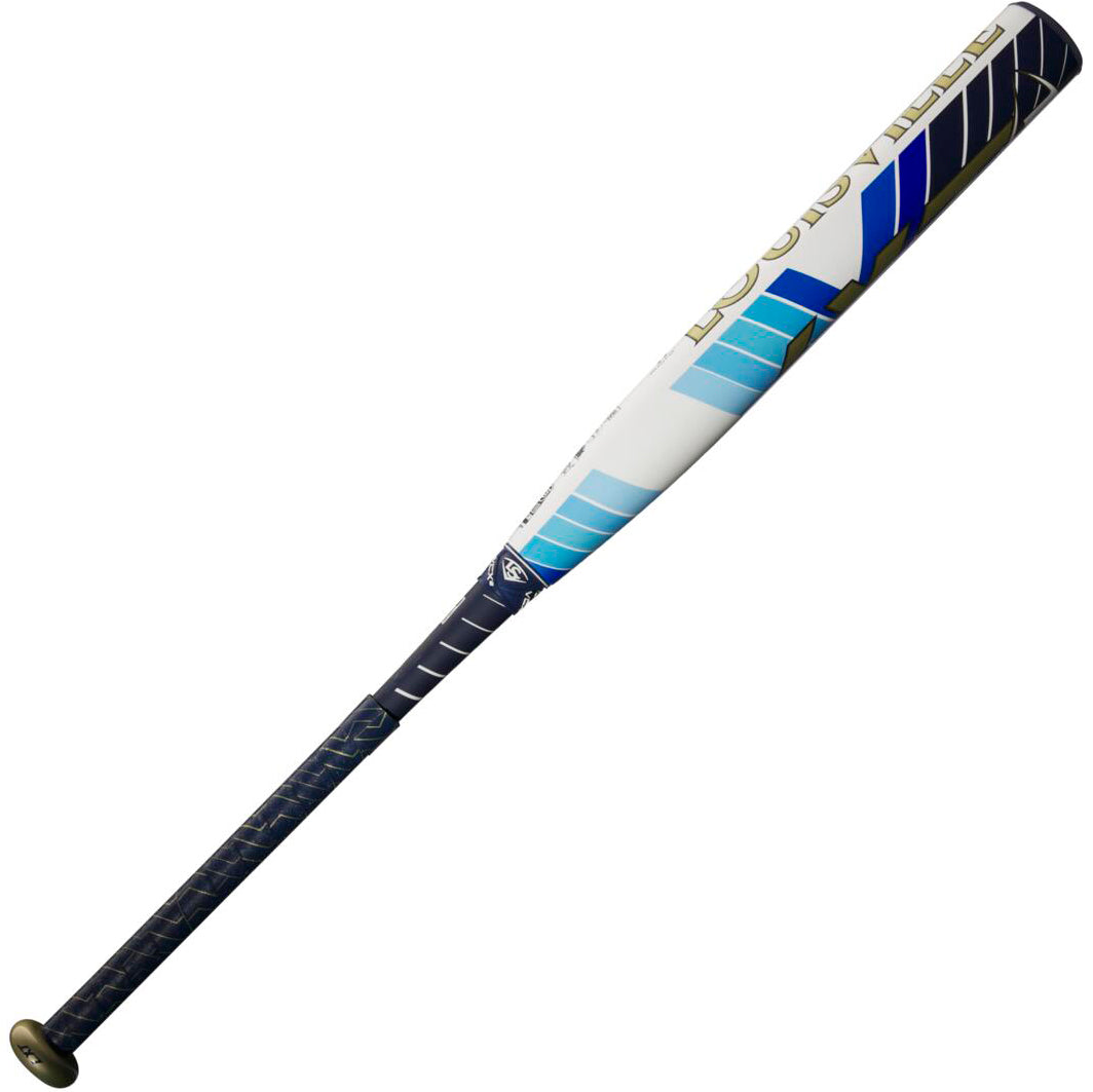 2024 Louisville Slugger LXT (-11) Fastpitch Softball Bat: WBL2811010 (USED) with a dark blue handle and a white Speed Composite barrel featuring blue, gold, and black graphic accents.