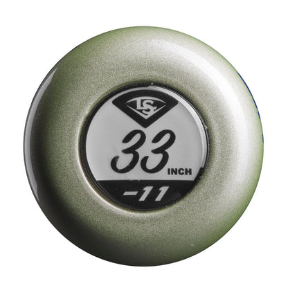 End cap of a metallic olive green 2024 Louisville Slugger LXT (-11) Fastpitch Softball Bat: WBL2811010 (USED) featuring the text 33 INCH and -11 with an LS diamond logo.