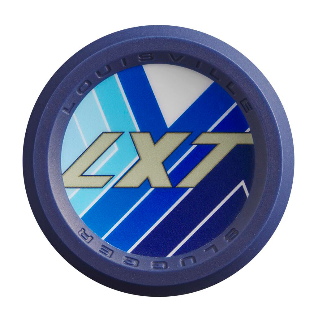 Close-up of the circular blue end cap of a 2024 Louisville Slugger LXT (-11) Fastpitch Softball Bat: WBL2811010, featuring gold LXT lettering over a blue and white striped background.