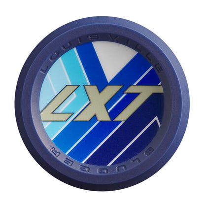 Close-up of the circular blue end cap of a 2024 Louisville Slugger LXT (-11) Fastpitch Softball Bat: WBL2811010, featuring gold LXT lettering over a blue and white striped background.