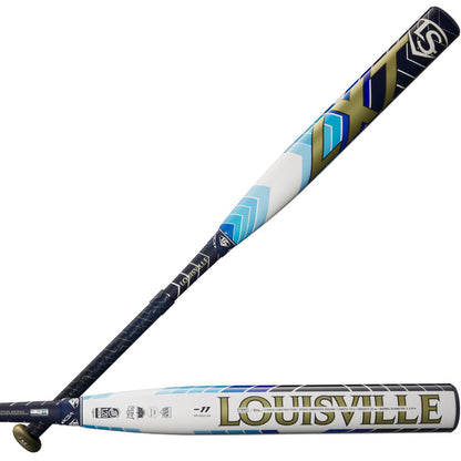 Two views of a 2024 Louisville Slugger LXT (-11) Fastpitch Softball Bat: WBL2811010 (USED) featuring a dark blue handle, a white and blue patterned Speed Composite barrel, and gold accents.