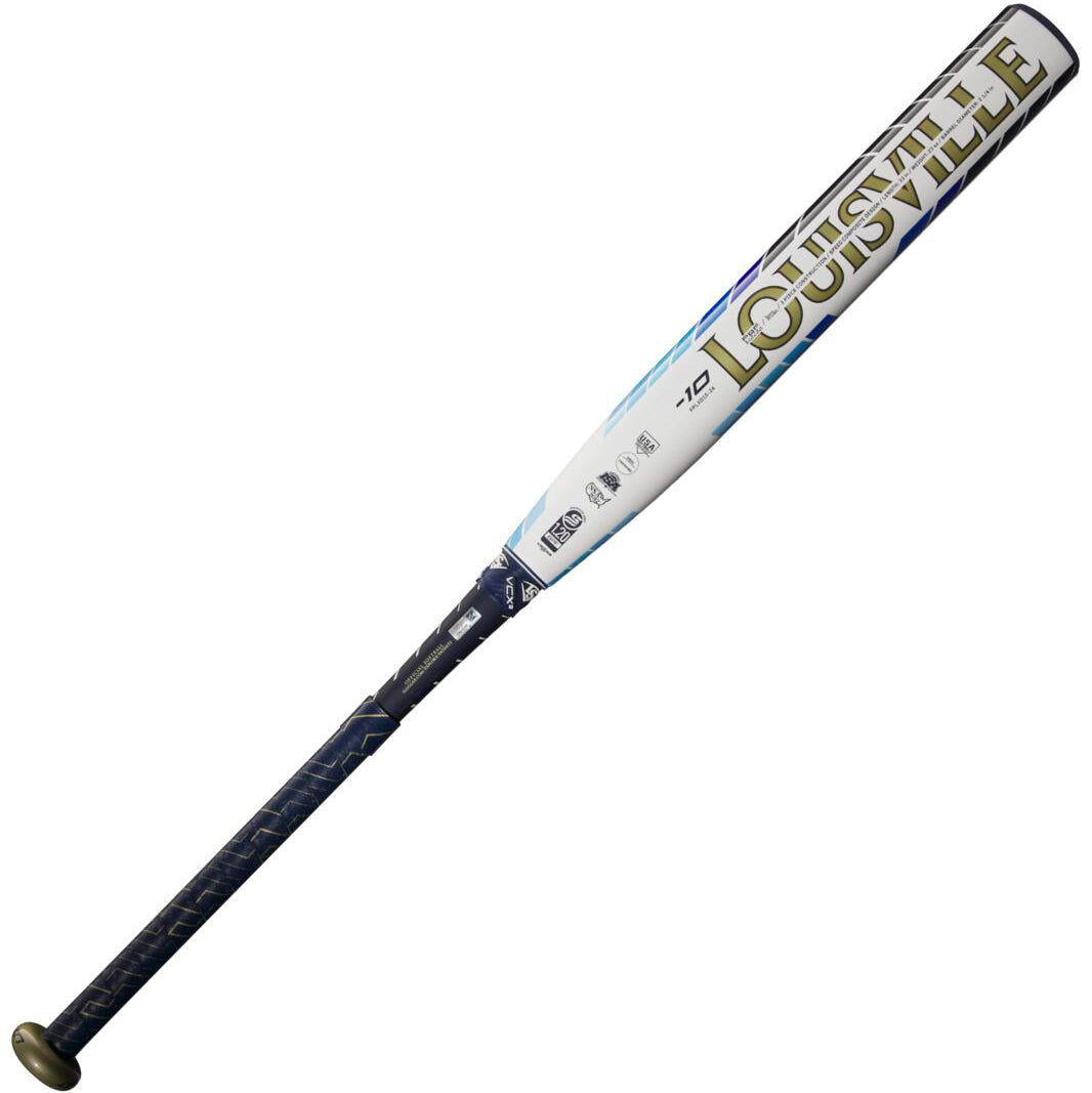 2024 Louisville Slugger LXT (-10) Fastpitch Softball Bat: WBL2812010 (USED) featuring a white and gold barrel, blue handle, and black grip.