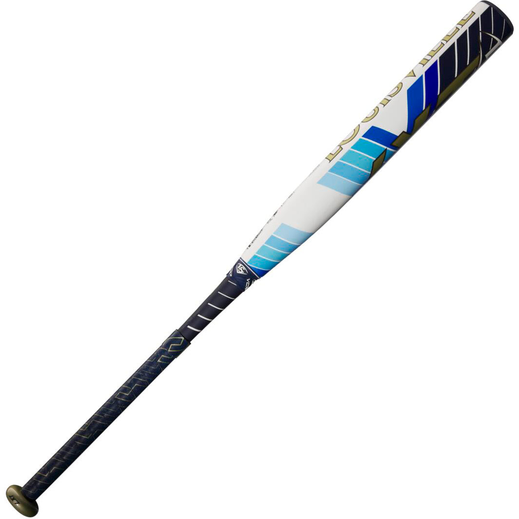 2024 Louisville Slugger LXT (-10) Fastpitch Softball Bat: WBL2812010 (USED) with a white barrel, black handle, and blue and gold geometric accents featuring PBF Technology.