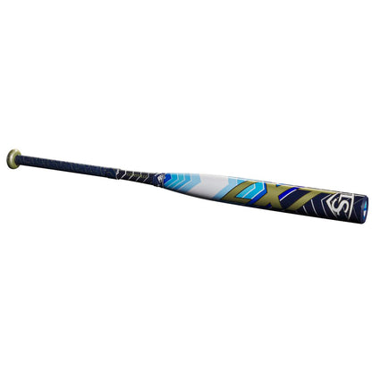 2024 Louisville Slugger LXT (-10) Fastpitch Softball Bat: WBL2812010 (USED) with a dark blue handle, a white and blue barrel, and gold lettering.