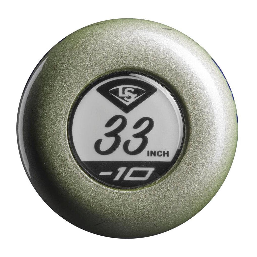 End cap of a 2024 Louisville Slugger LXT (-10) Fastpitch Softball Bat: WBL2812010 (USED) showing a 33-inch length and a -10 drop weight.