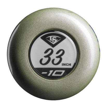 End cap of a 2024 Louisville Slugger LXT (-10) Fastpitch Softball Bat: WBL2812010 (USED) showing a 33-inch length and a -10 drop weight.