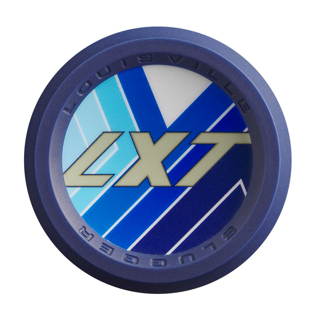 End cap of a 2024 Louisville Slugger LXT (-10) Fastpitch Softball Bat: WBL2812010 (USED) featuring the text LXT in gold lettering over a blue and white geometric design.
