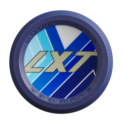 End cap of a 2024 Louisville Slugger LXT (-10) Fastpitch Softball Bat: WBL2812010 (USED) featuring the text LXT in gold lettering over a blue and white geometric design.