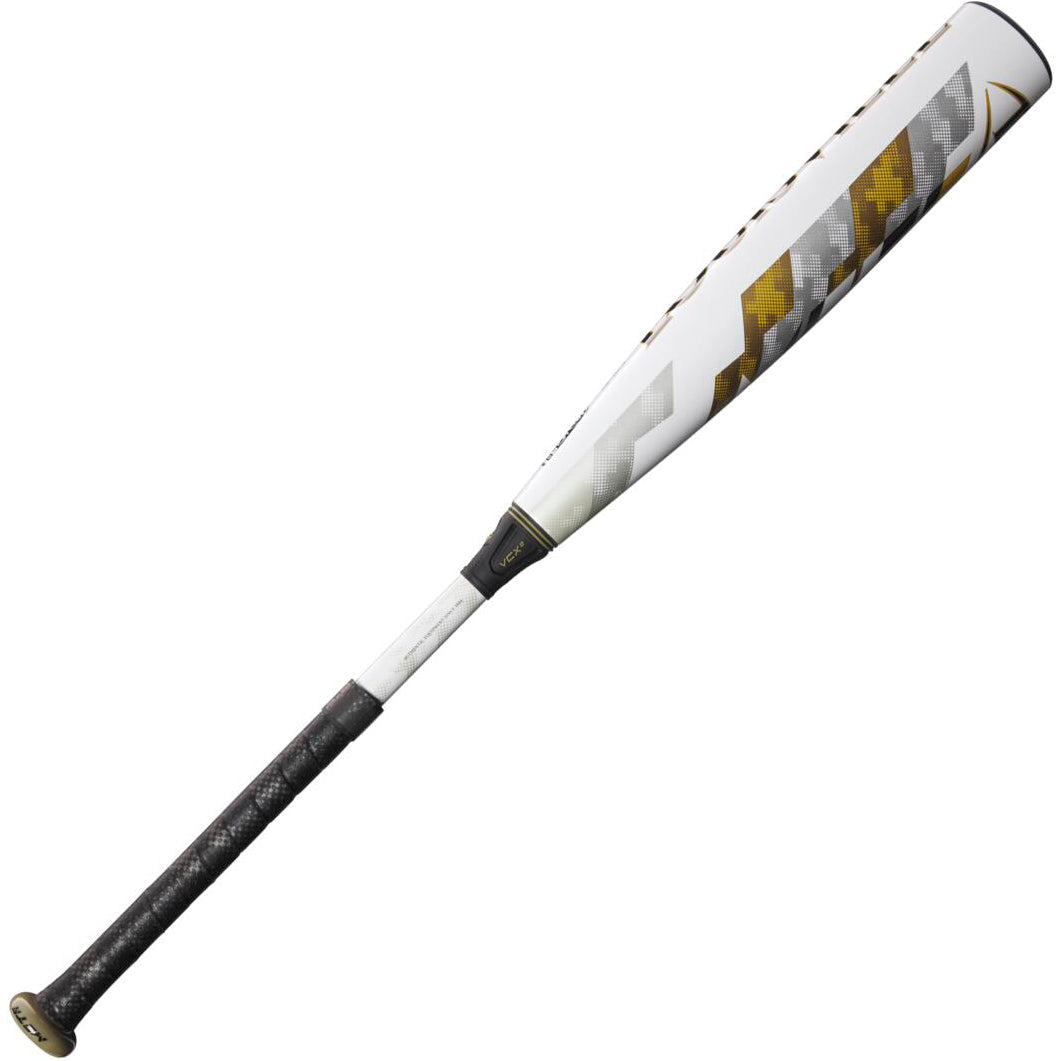 The 2024 Louisville Slugger Meta LTD (-8) 2 3/4" USSSA Baseball Bat (USED) features a black and gold handle, an EKO Composite Barrel with a gold-gray geometric design, and a sleek metallic end cap.