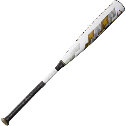 The 2024 Louisville Slugger Meta LTD (-8) 2 3/4" USSSA Baseball Bat (USED) features a black and gold handle, an EKO Composite Barrel with a gold-gray geometric design, and a sleek metallic end cap.