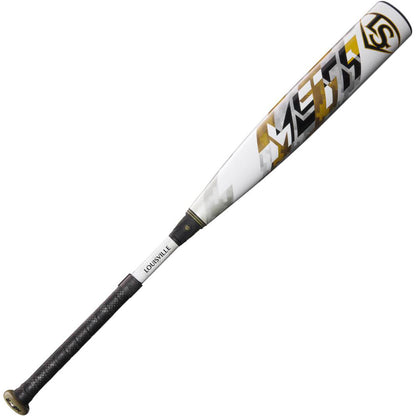 The 2024 Louisville Slugger Meta LTD (-8) USSSA Baseball Bat (WBL2822010) features a black handle, white EKO Composite Barrel, and bold gold and black geometric designs near the end.