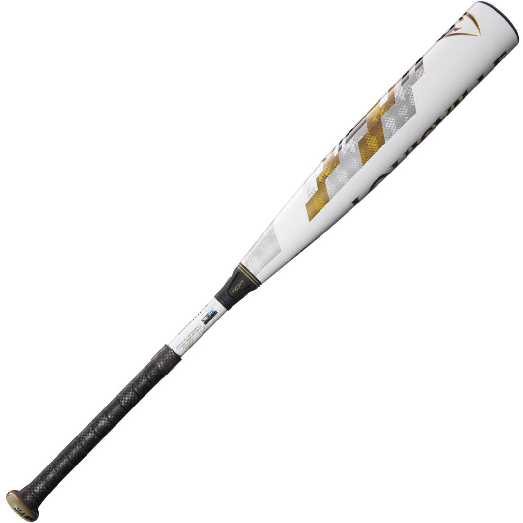 The 2024 Louisville Slugger Meta LTD (-8) 2 3/4" USSSA Baseball Bat (WBL2822010, USED) features a white and gold modern design with angular barrel patterns, a black grip, and an advanced EKO Composite Barrel for enhanced performance.