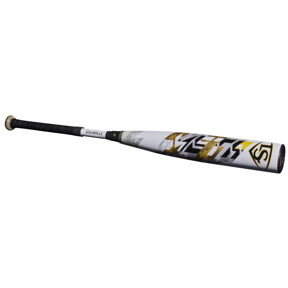 The 2024 Louisville Slugger Meta LTD (-8) 2 3/4" USSSA Baseball Bat (WBL2822010, USED) features a white and gold design, black grip, geometric patterns near the EKO Composite Barrel, and a prominently displayed Louisville Slugger logo.